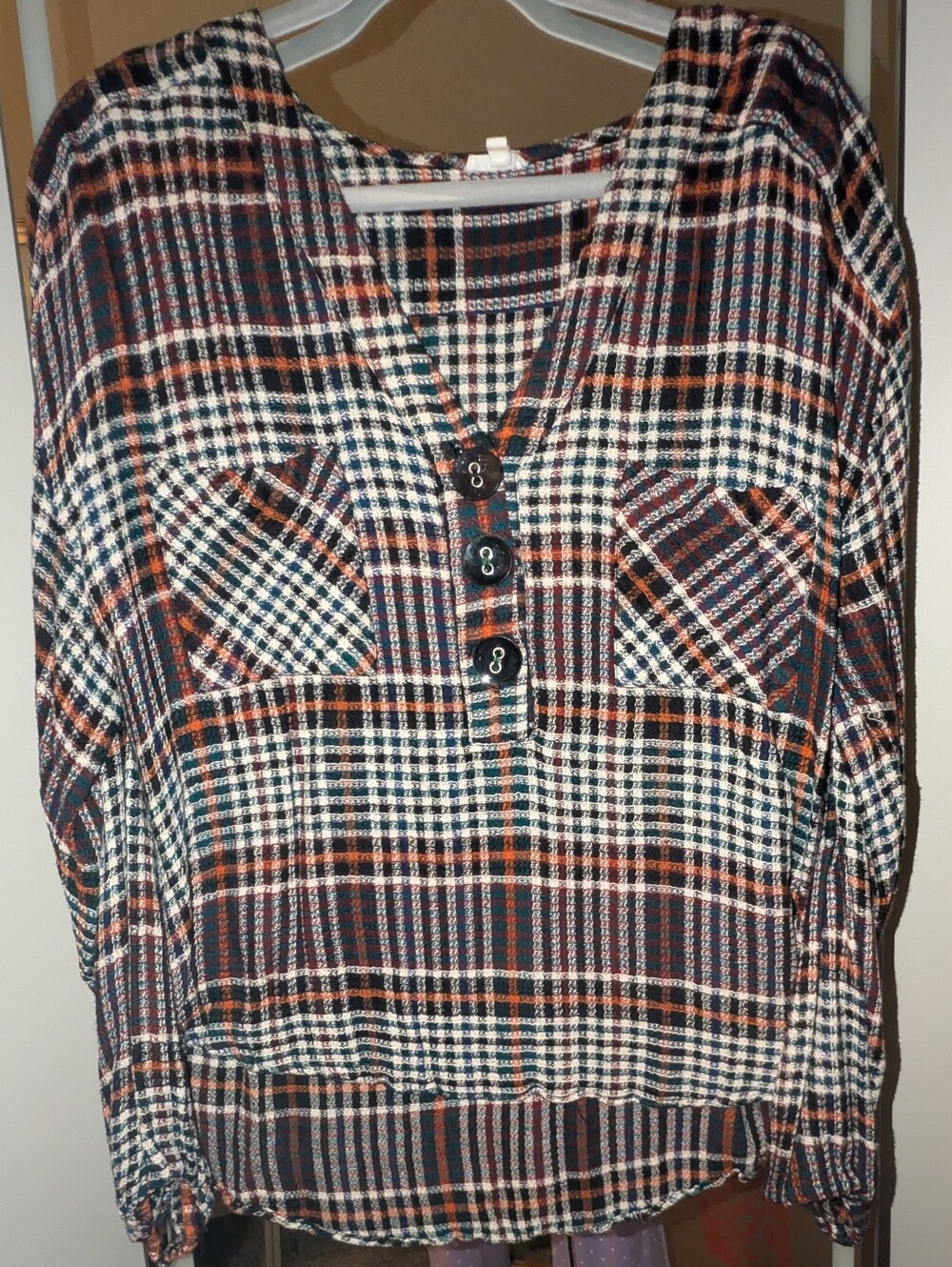 En Creme Navy, Orange & Cream Plaid Henley Tunic